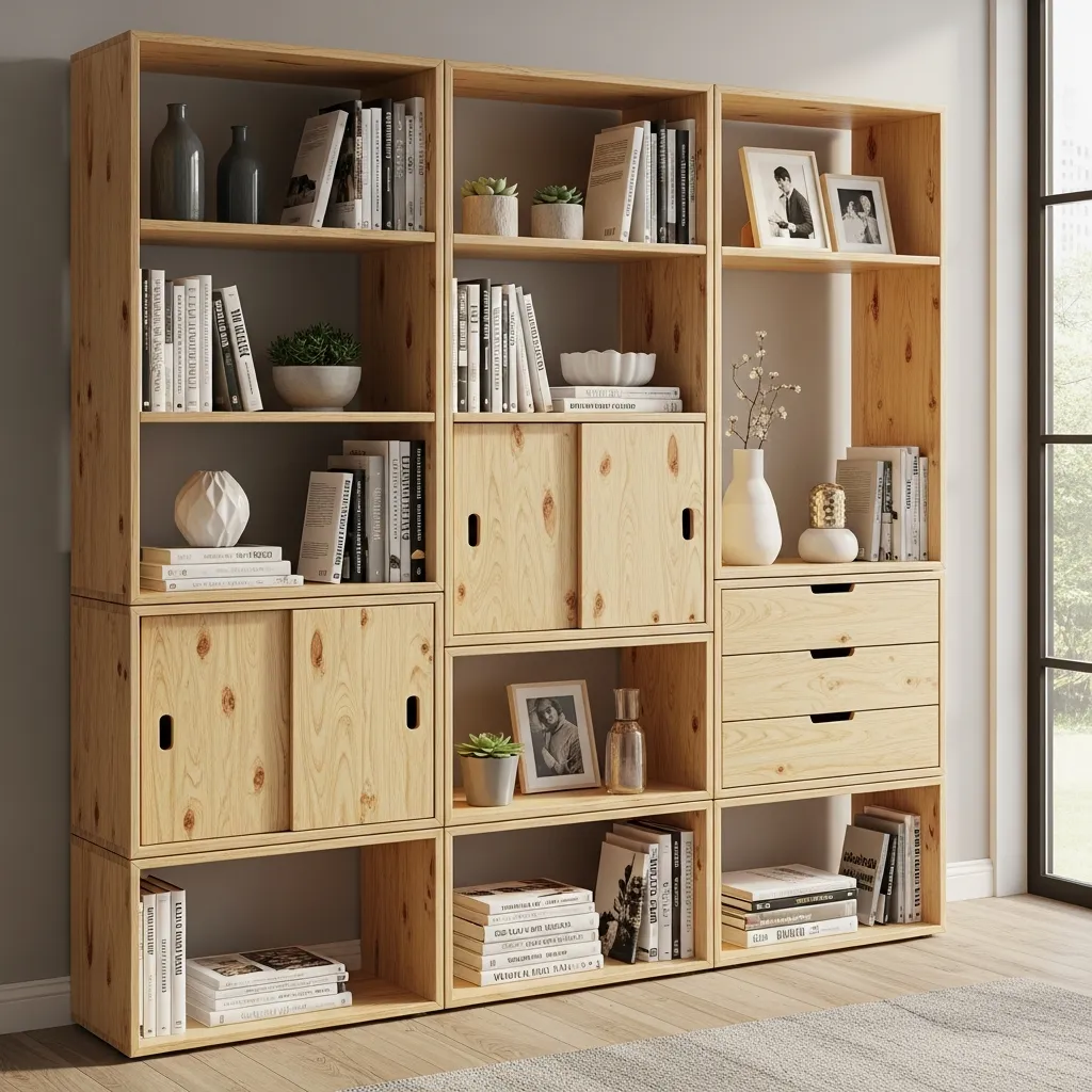 Modulaarinen kirjahylly koivusta, voidaan muokata tilan mukaan